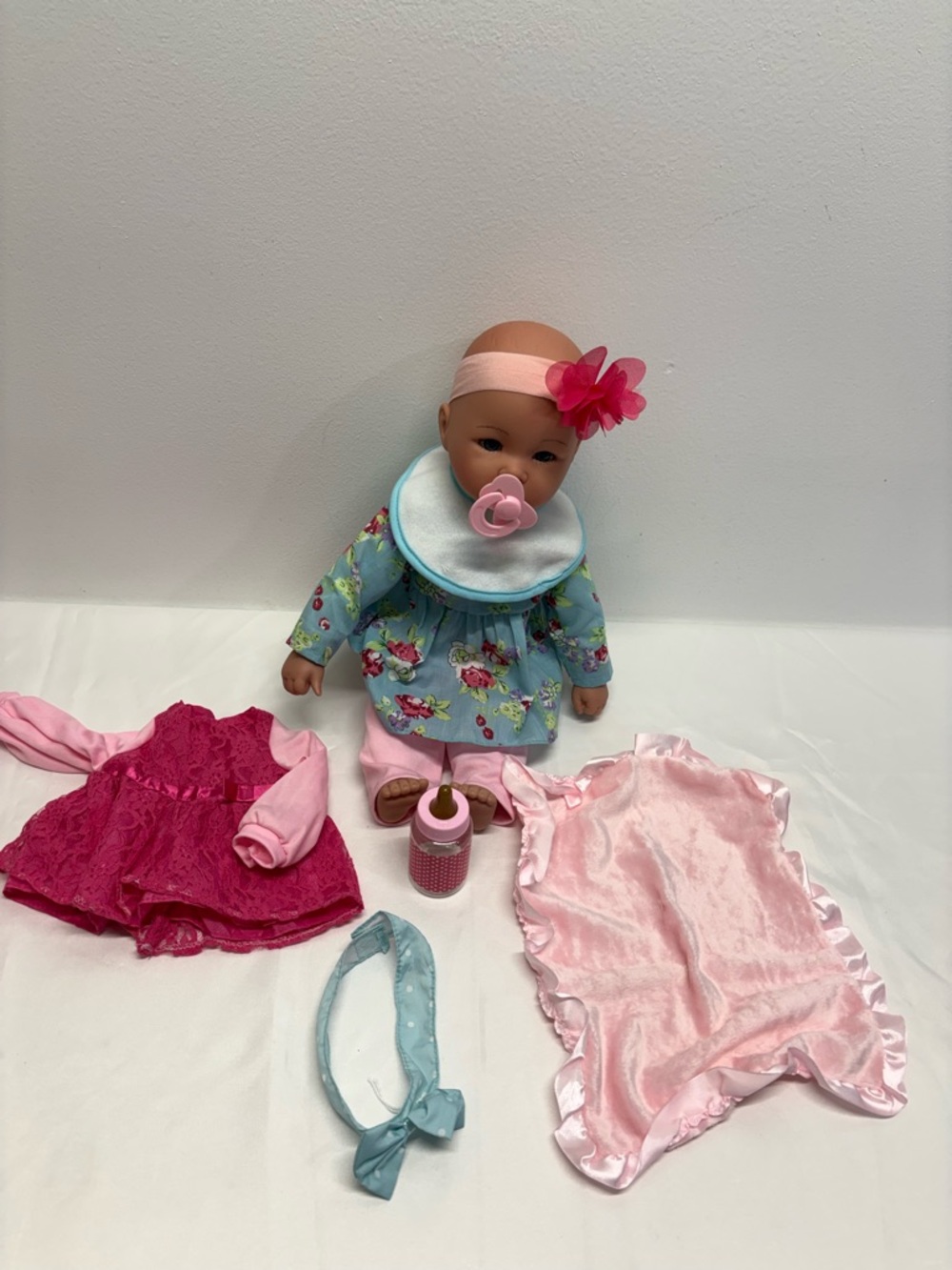 Pink-Accent Baby Doll with Floral Outfit and Accessories new